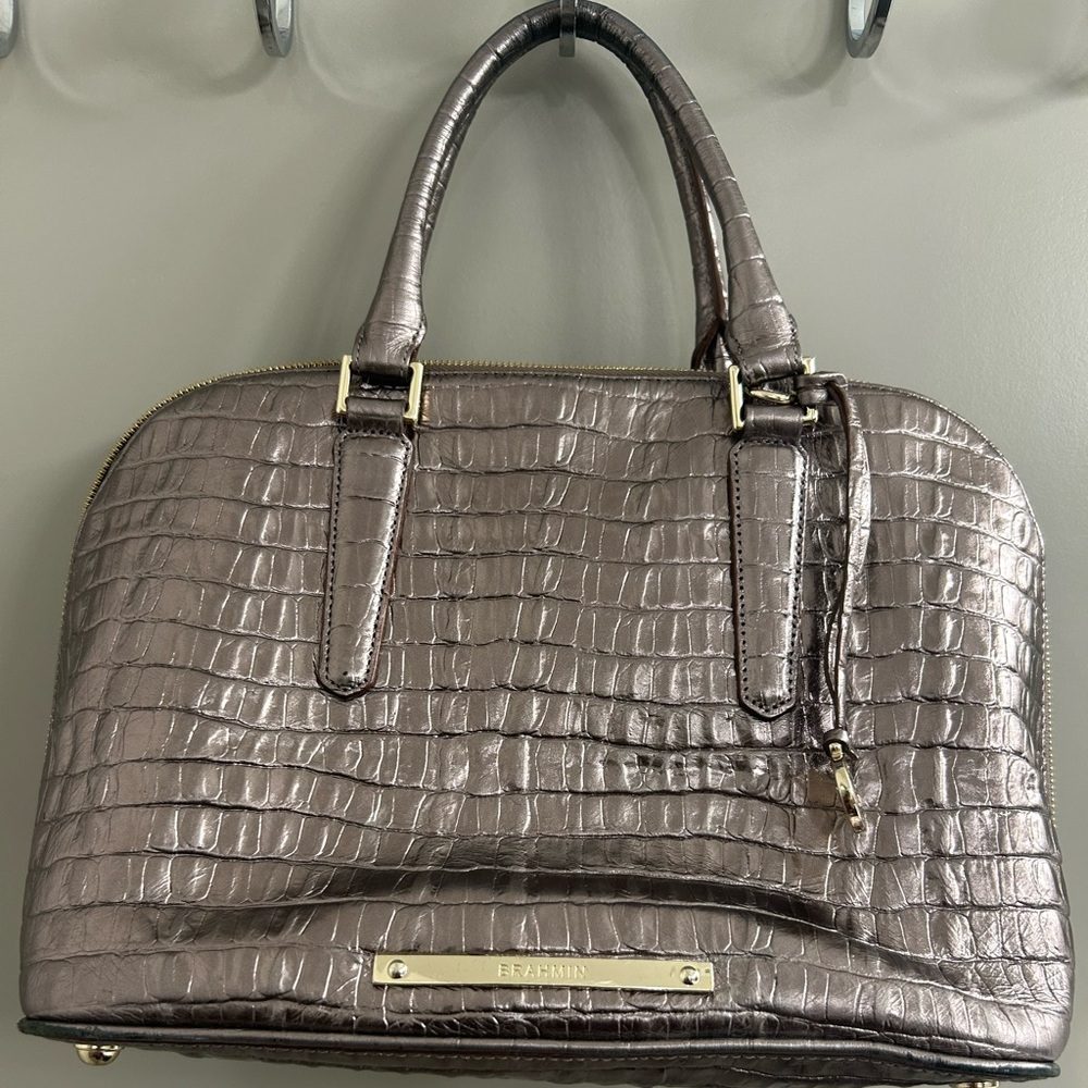 Brahmin Silver Satchel with Crocodile Embossed Texture